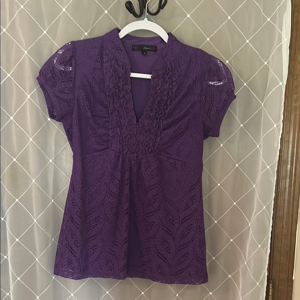 HeartSoul Purple Embellished Pleated Blouse with Mandarin Collar